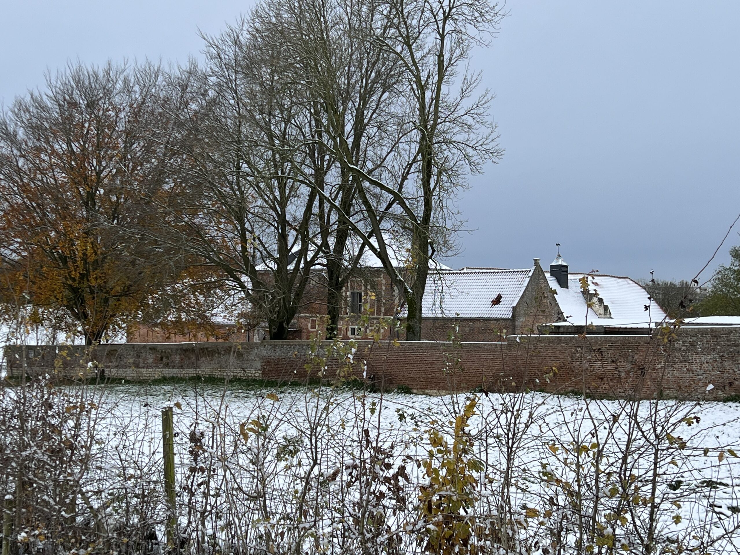 Snowy scene of the Hougoumont wall, and farm complex behind.