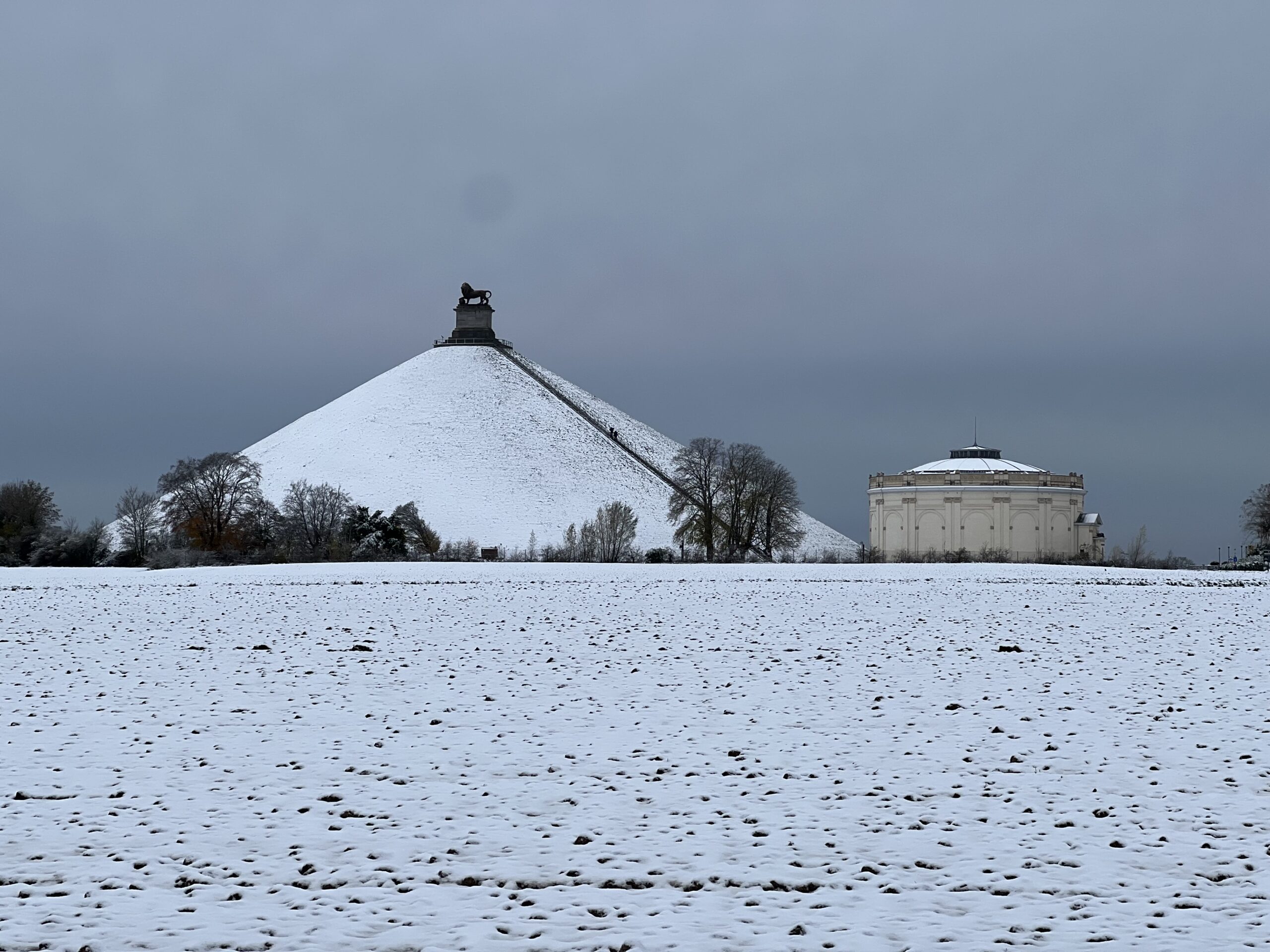 The 1826 Lion Mound and 1912 Panorama covered in snow on Wellington's ridge, Waterloo battlefield.