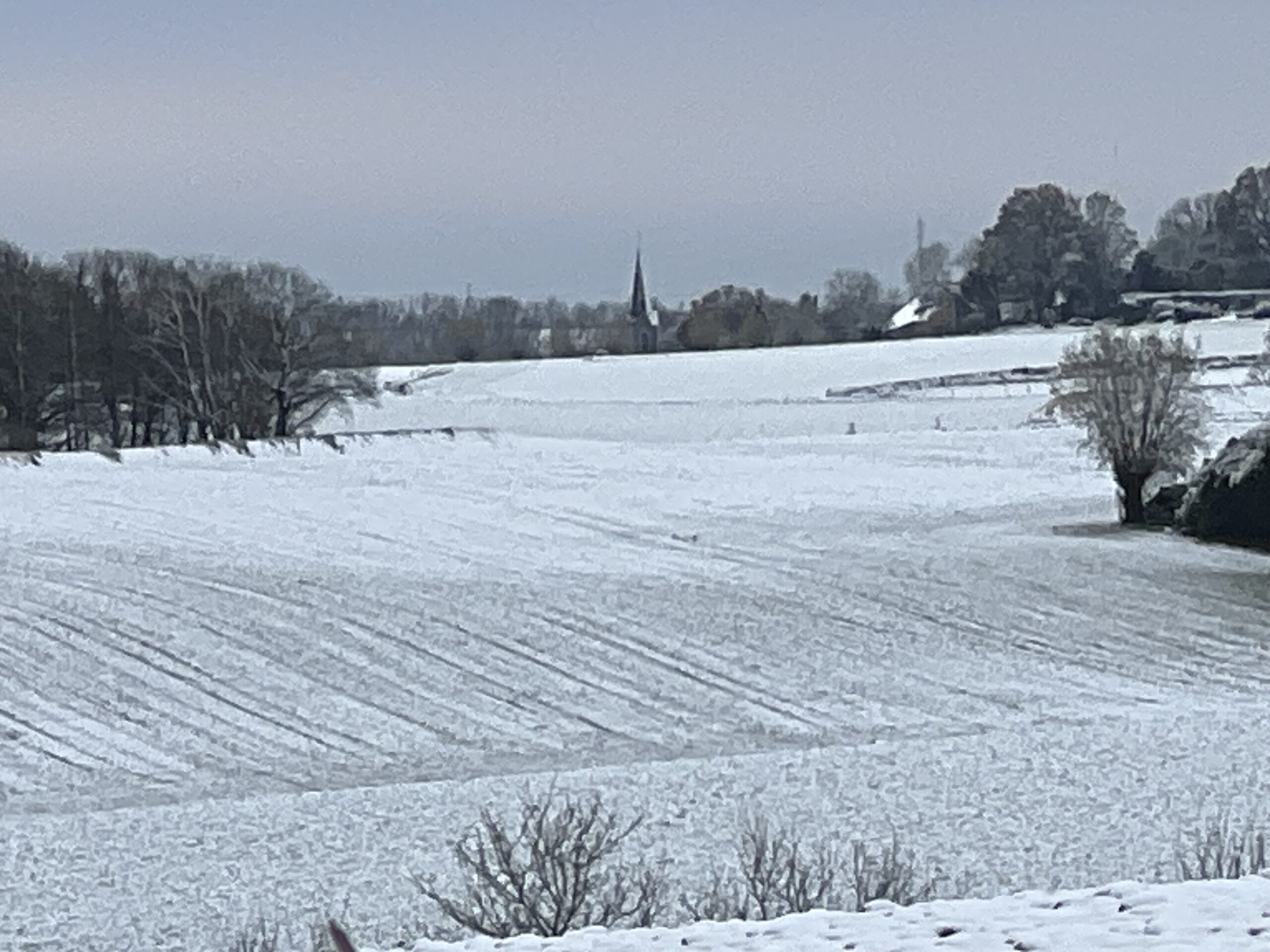 View from the allied left flank manned by Best, Vincke & Vandeleur's forces across snowy fields toward the village church of Plancenoit.